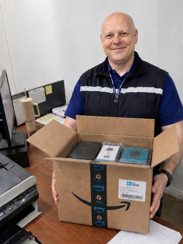Cliente da The Box segurando sua caixa aberta, com eletrônicos lacrados dentro